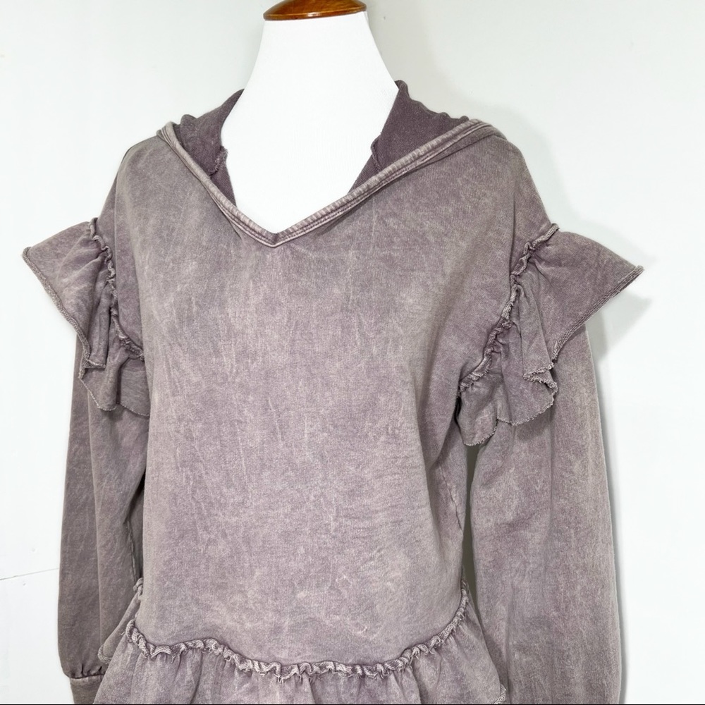 SOLD-Anthropologie Ruffled Mineral Wash Pullover Hooded Peplum Sweatshirt - Picture 2 of 8